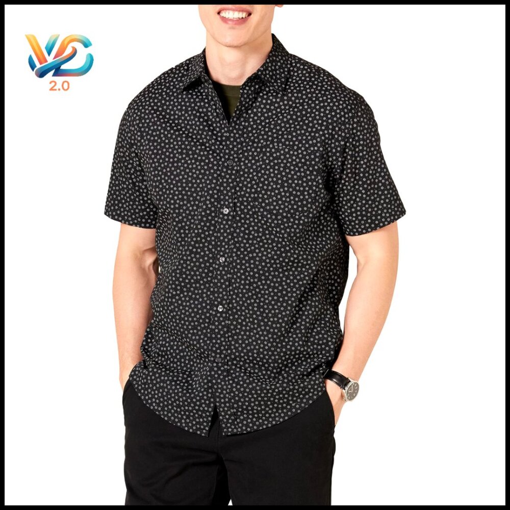 Men's Regular Fit Short Sleeve Print‎ Button Down Shirt Soft Poplin Fabric